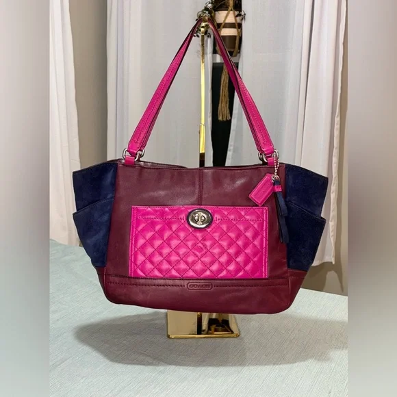 Coach Park Quilted Color Block Carrie tote handbag Pink Navy Burgundy leather - Picture 2 of 16